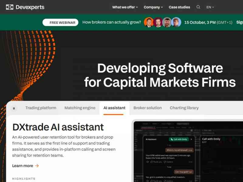 Devexperts official website showing capital markets software offerings