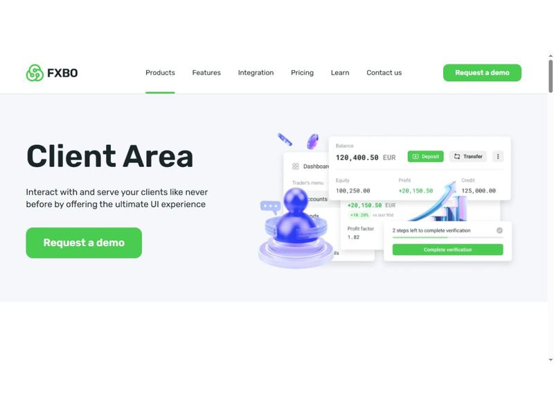 FXBO official Client Area product page with account and verification interface examples