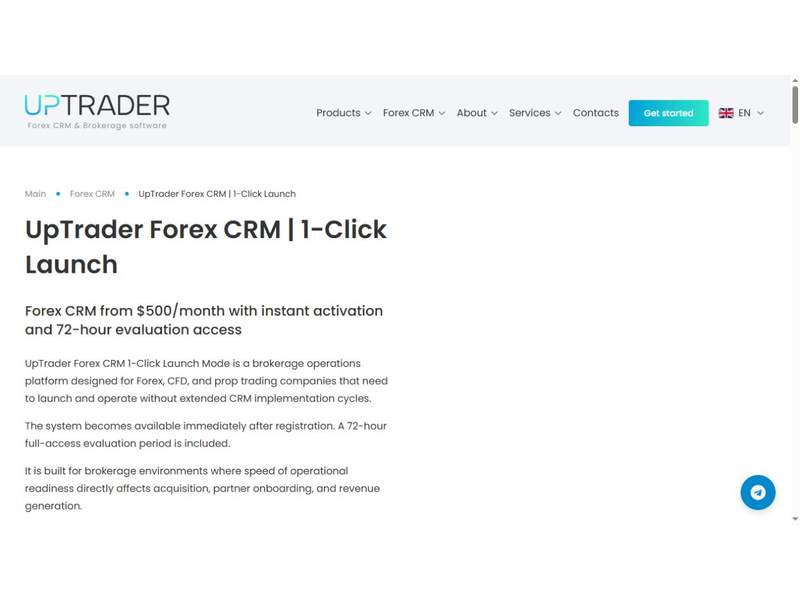 UpTrader official 1-Click Launch page showing the CRM starting price and evaluation period