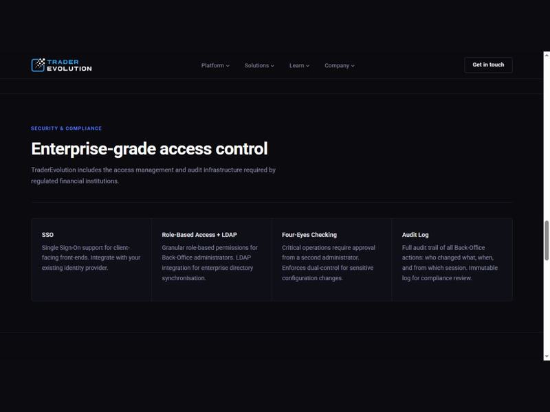 TraderEvolution official page describing SSO, role permissions, four-eyes checking and audit logs