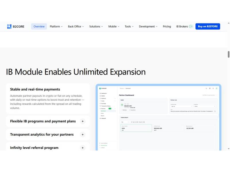 B2CORE partner dashboard and IB tools